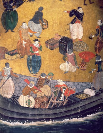 De Aankomst van de Portugezen in Japan, detail van het lossen van goederen, uit een Namban Byobu scherm, 1594-1618 door Japanese School